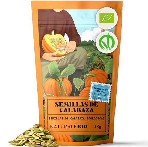NaturaleBio Semillas de Calabaza 1kg | 100% Ecológicas Veganas Sin Gluten | Sin OGM Ricas en Nutrientes y Antioxidantes | Salud del Corazón, Sangre y Huesos | Perfectas para Cocinar o Snack.