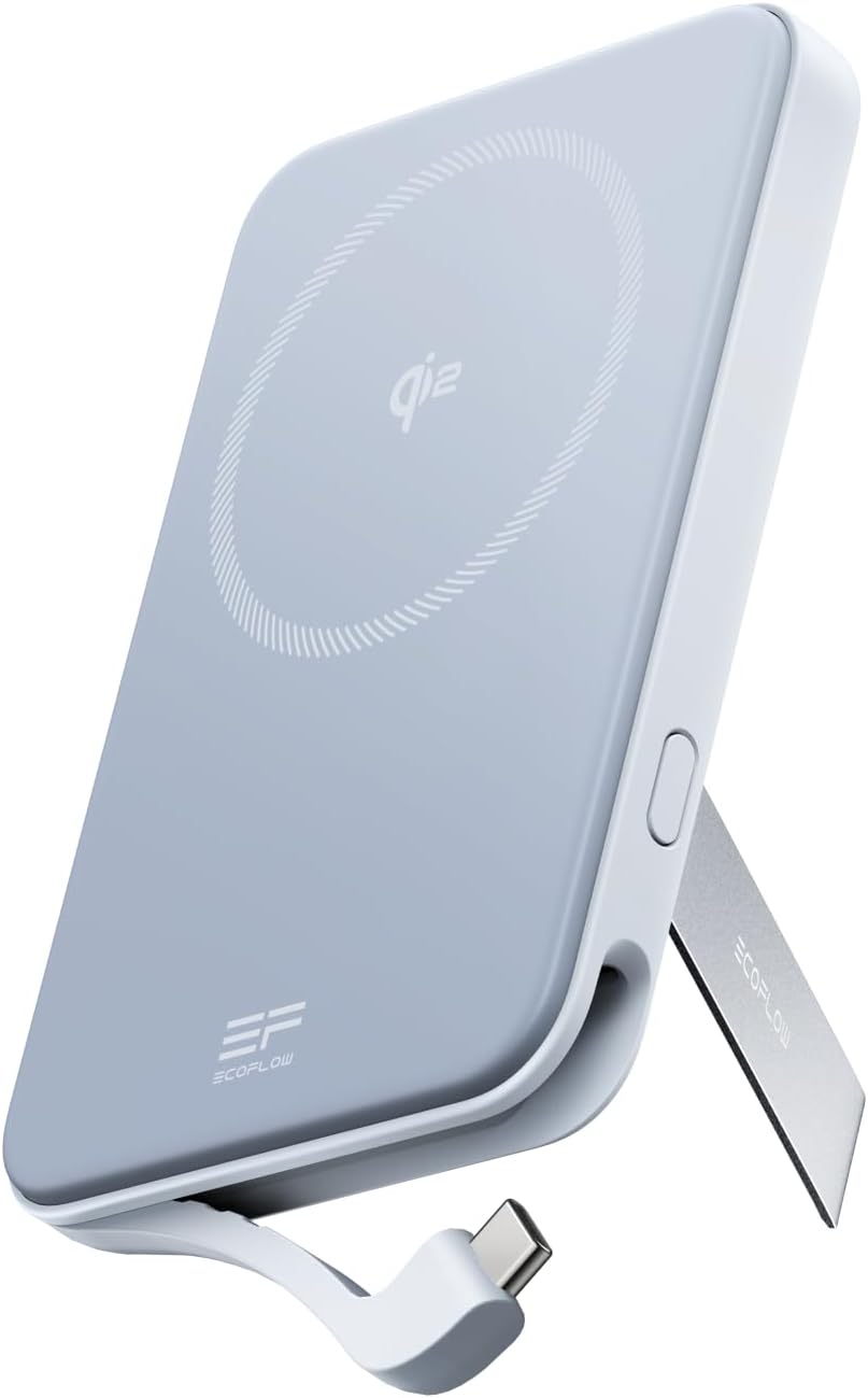 EF ECOFLOW Rapid Power Bank, 5000mAh Qi2 Certified Wireless Magnetic Portable Charger, 30W Max Fast Charging Battery Pack with Built-in USB-C Cable & Stand for iPhone16/15/14/13/12 Series Only