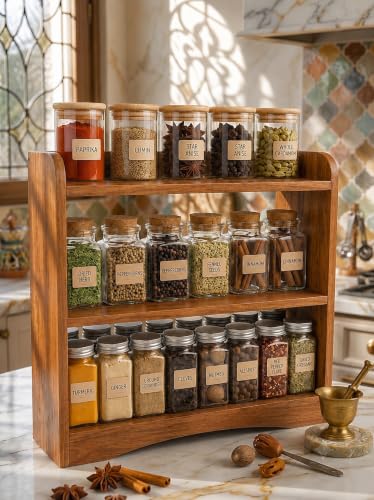 Image of 3 Tier Wooden Kitchen Organizer Rack for Countertop Storage | Multipurpose Spice Rack & Masala Stand for Seasoning Bottles, Condiments, Tea, Coffee & Daily Essentials