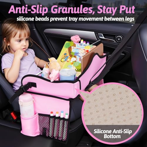 Image of OUOZZZ Kids Travel Tray for Car, Girl's Safety Seat Table | Weight-Relief Strap, Non-Skid Silicone Base, Waterproof Dining /Craft Mat, Carseat /Airplane Lap Desk
