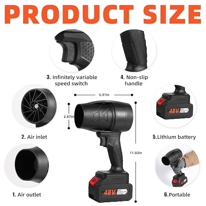 Image of Electric Handheld Air Blower, 48V Cordless Turbo Blower for Home, Car & Outdoor | High-Speed Air Blower with Rechargeable Battery & Fast Charger | Heavy-Duty Dust Cleaner for Computer