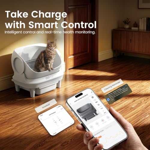 Image of Self Cleaning Litter Box, Open Top 105L Automatic Litter Box for Multiple Cats, App Control, Safety Sensor, Anti-Pinch, Includes Mat & Liner - White