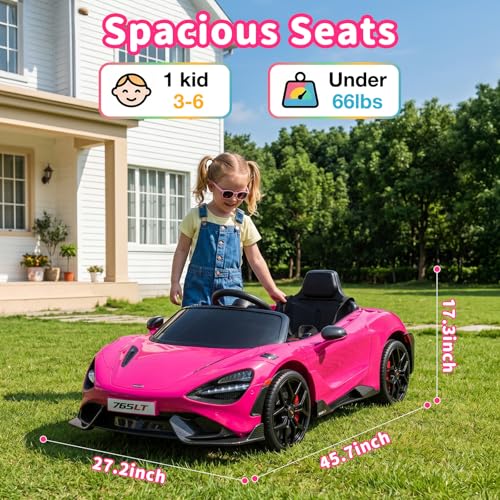 MUKIDY Kids Ride-on Car Licensed McLaren765LT for 3-6Years Old, Electric car 12V Battery Powered Electric Vehicle, w/Parent Remote, Music Player, LED Lights, Smooth Start, 3 Speeds, Pink
