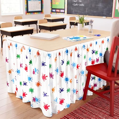 Image of Oudain 14 ft Art Painting Table Skirt Cloths for Teacher Desk Wrinkle Art Painting Table Cover Skirt for Kindergarten Classroom Kidney Shaped Desk Back to School Supplies