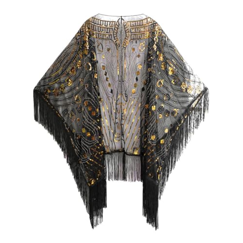 1920s Sequin Beaded Shawl Wraps, Sequin Cloak Retro Cloak Party Banquet Carnival Dance Supply Wrap, Fringed Evening Cape Scar