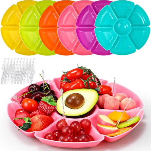 Zhehao 6 Pcs Plastic Divided Serving Trays with 60 Pcs Disposable Fork, 7 Compartments Round Chip Dip Plate, Petal Shape Platter, 10.6'' Snacks Serving Dish for Party Candy Nuts Fruits (Vibrant Color)