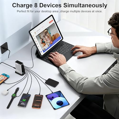 520W GaN III USB C Charging Station, 8-Port Charger Hub 4x100W+4x30W, PPS PD3.0 Fast Charging for MacBook iPhone Samsung Dell Steam Deck - 5ft Cord + 100W Cable — view 2