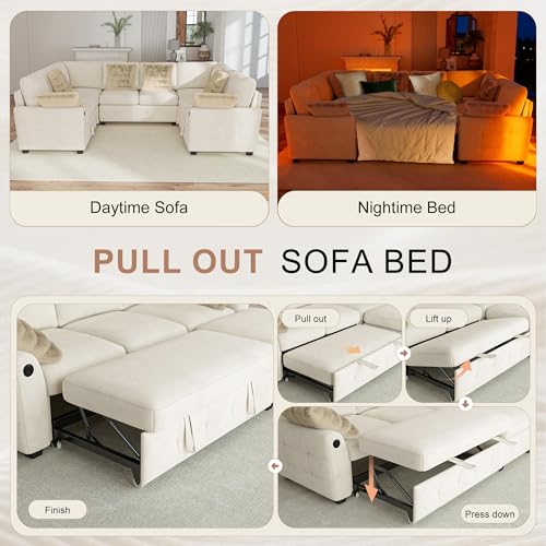 Image of Hanherry Sectional Couch with Pull Out Sofa Bed,Chenille Sleeper Sofa with 2 Seat Storage & USB Charging,Comfy L Shaped Modular Couches for Living Room,Apartment