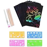 50 Große Blätter Kratzbilder Set für Kinder,Kratzpapier Set, Magic Scratch Book, Regenbogen Kratzpapier zum Zeichnen und Basteln | mit Schablonen, Holzstiften und Stickern (colorful1)