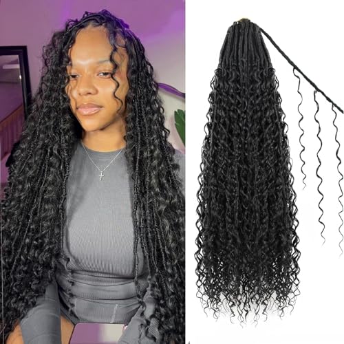 Enbeautiful Boho Faux Locs Crochet Hair 24 Inch 9 Packs Pre-Looped Goddess Locs with Curly Ends Soft Bohemian River Locs for Black Women (1B#)