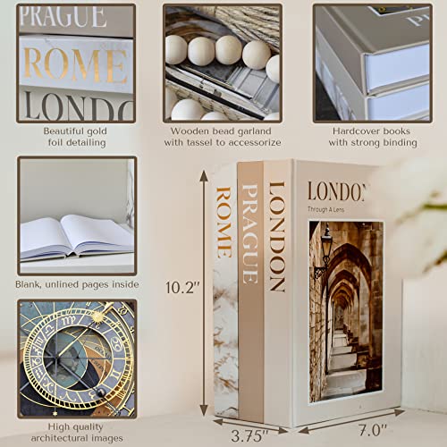 Dual Display Large Premium Decorative Books With Blank Pages, Removable Dust Covers, Wooden Bead Garland And Twine - Set Of 3 (Cream) - Neutral And Modern Decorative Book Stack For Home Decor - Fashion Designer Display Books, Faux Books - For Decoration, Boho Decor, Living Room, Coffee Table Decor, Shelf Decor, Mantel, Entryway Table #TOP2
