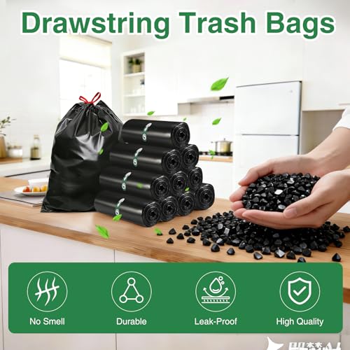 Image of 200 Counts 1.2 Gallon Trash Bag Drawstring Small Trash Bags, Thick Pre-separated Garbage Bags, Trash Bin Liners, Suitable for bathroom, kitchen, bedroom, office (Black)