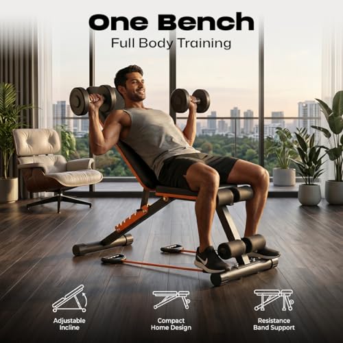 Image of Flexnest Commercial Grade Adjustable And Foldable Gym Bench Incline,Decline & Flat 250 Kg Capacity Fitness Gym Bench with Resistance Ropes For Home Workout,Premium Leather Adjustable Multi-Purpose Machine - Black (Flexbench EZ)
