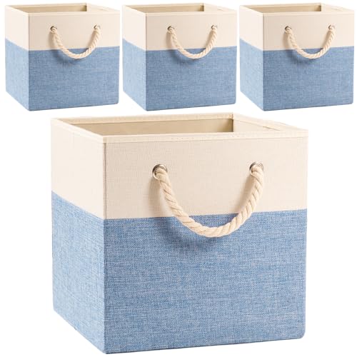 Image of PRANDOM Large Foldable Cube Storage Bins 13x13 inch [4-Pack] Fabric Linen Storage Baskets Cubes Drawer with Cotton Handles Organizer for Shelves Nursery Closet Bedroom Beige/Blue