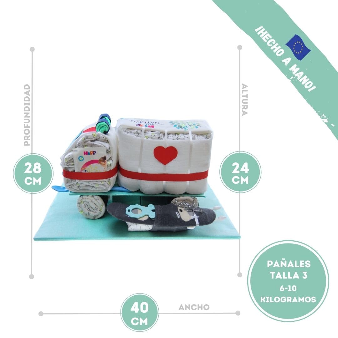 myBambini ® Tarta pañal ambulancia con calcetines de bebé [regalo para socios y rescate profesional]- Regalo de nacimiento - Baby shower - Bebé