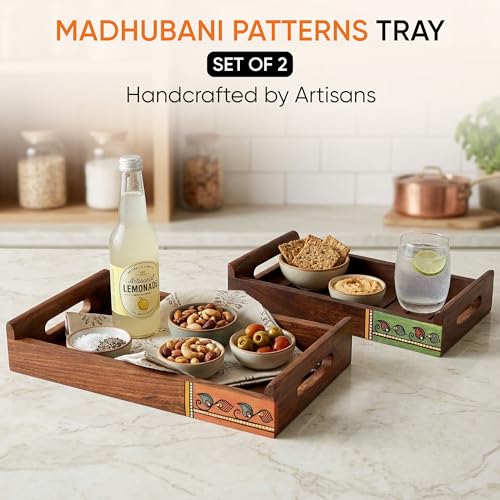 Image of AAKRITI ART CREATIONS Trays with Floral Art Handcrafted in Rosewood Set of 2 | Natural Brown Wooden Trays & Platters with Handle | Matte Finish Home | Dining Table & Kitchen Organizer