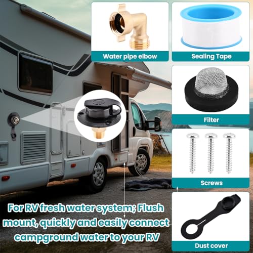 Image of RV City Water Inlet with Check Valve, 3 /4 NH Female to 1 /2 NPT Male Thread Fresh Water Inlet Replacement, City Water Fill Inlet Connection with Dust Plug for RV Camper Motorhome Trailer Marine