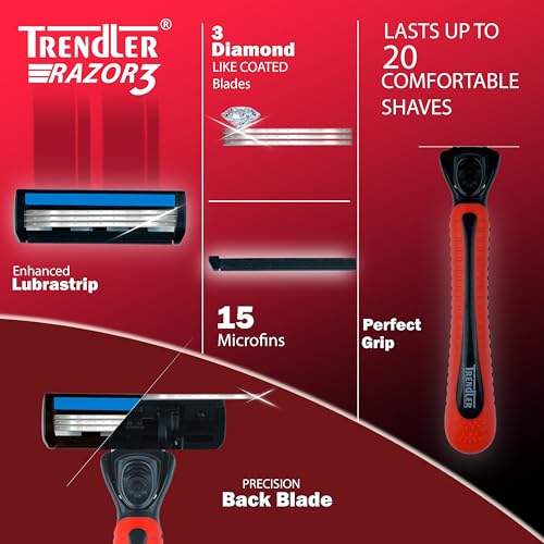 Image of 3 Blade Red Razor for Men with Free Stand - Smooth Shaving Razor, Anti-Slip Handle, 1 Handle + 3 Blade Cartridges.
