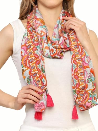 Image of KE KANHA EXPORT Women Scarf|Stole For Women|Scarf For Women Stylish|Stall For Women|Border Print Face Cover Head Wrap|Boho|Beach|Multicolor|180x50cm|Pack Of 1|FREE Scrunchie Included