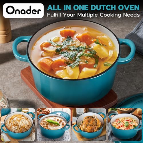Onader 7QT Dutch Oven Pot with Lid, Cast Iron Large Pot for Bread Baking, Round Dutch Oven, Enameled Heavy Duty Cookware - Dark Cyan