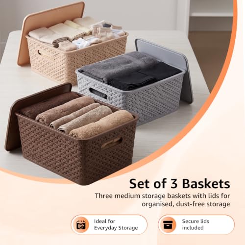 Image of Amazon Basics Set of 3 Plastic Storage Baskets with Lid Stackable Organiser for Wardrobe, Kitchen, Clothes, Toys, Books, Office, Stationery Multipurpose (Medium, 36x30x13 cm | Multicolour, Rectangular