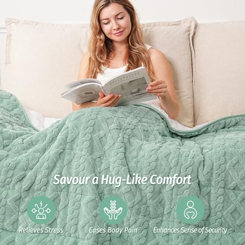 Image of Wemore Weighted Blanket for Adults Twin Size 20 lbs, Dual Sided Soft Fuzzy Jacquard Sherpa Weighted Blankets, Cozy Fluffy Knitted Heavy Blanket, Sage Green and White, 60 x 80 inches