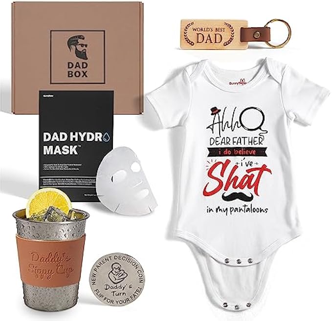 Dad to Be Gift Box - The Bonding Box - Gifts for 1st Time New or Soon to Be Dad - Father Sippy Cup, Funny Cute Baby Infant Creeper Onesie, Keychain, Parent Decision Coin for Couples, Facemask for Men
