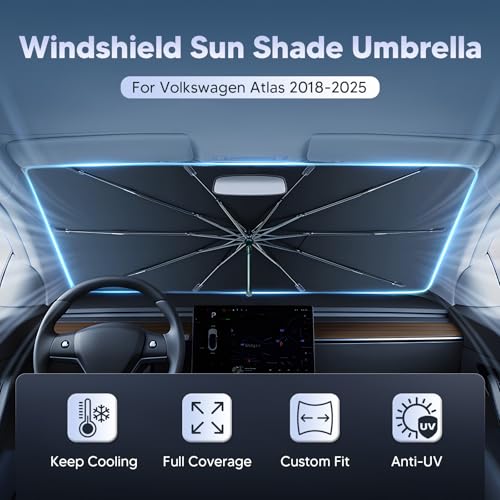 Image of Autorder Windshield Sun Shade Umbrella for 2018-2026 Volkswagen VW Atlas /Atlas Cross Sport Accessories,Upgraded Ice Crystal Material,Easy Setup Umbrella Sunshade for Car Windshield,100% Sun Blocking