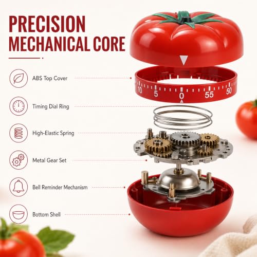 Image of Mechanical Kitchen Timer, Durable Rotary Timer with Loud Bell Alarm,Precise Time Measurement,No Battery Required,Cute Tomato Design for Kitchen,Baking,Study,Office & Daily Time Management