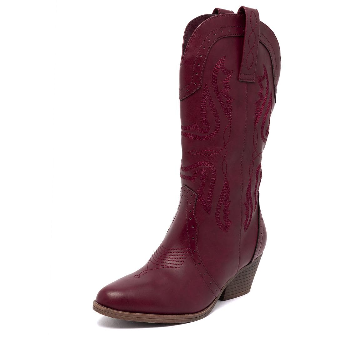 Sugar Womens Western Cowboy Boots Mid-Calf Pointed Toe Booties with Stitch Detailing Perforated Design Pointed Toe Block Heel