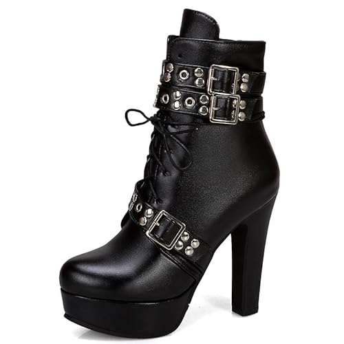 ZJWBB Women Lace Up Gothic Ankle Boots Platform Block Heel Punk Booties Causal Party Prom Dress Boots - Black - 6.5