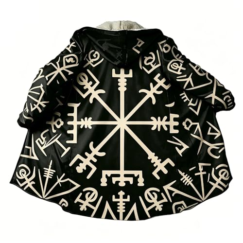 Image of Viking Mythology Mens Hooded Cloak Nordic Faux Cashmere Hoodie Winter Warmer Overcoat Mid-Length Parka Jacket