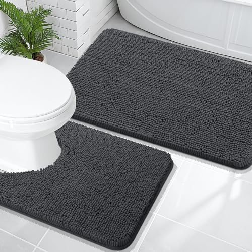 Image of OLANLY Bathroom Rugs Sets 2 Piece, Soft Absorbent Chenille Bath Mats and U-Shaped Contour Toilet Rug, Non-Slip, Machine Washable Bath Carpet, Home Decor Accessories(36 inchx24 inch+24 inchx20 inch, Dark Grey)