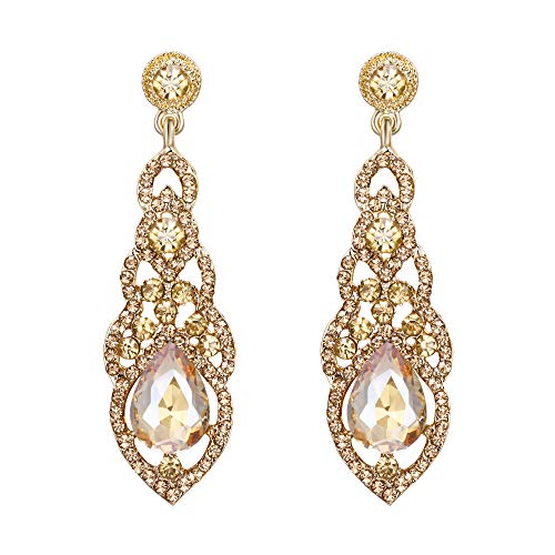 BriLove Wedding Bridal Dangle Earrings for Women Crystal Art Deco Teardrop Hollow Chandelier Earrings Champagne Gold-Toned