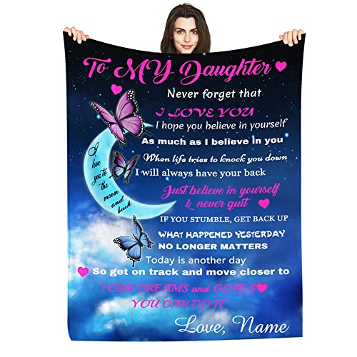 PFCNYMUA Personalized Custom Name Blanket Love Letter to My Daughter from Dad & Mom, Butterfly Moon Customized Blankets Bed Throws 40x50 Inches 40x50 Inches