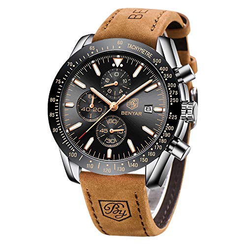 BENYAR - Stylish Wrist Watch for Men Leather Strap Watches Quartz Movement, Waterproof Analog Chronograph Business Watches