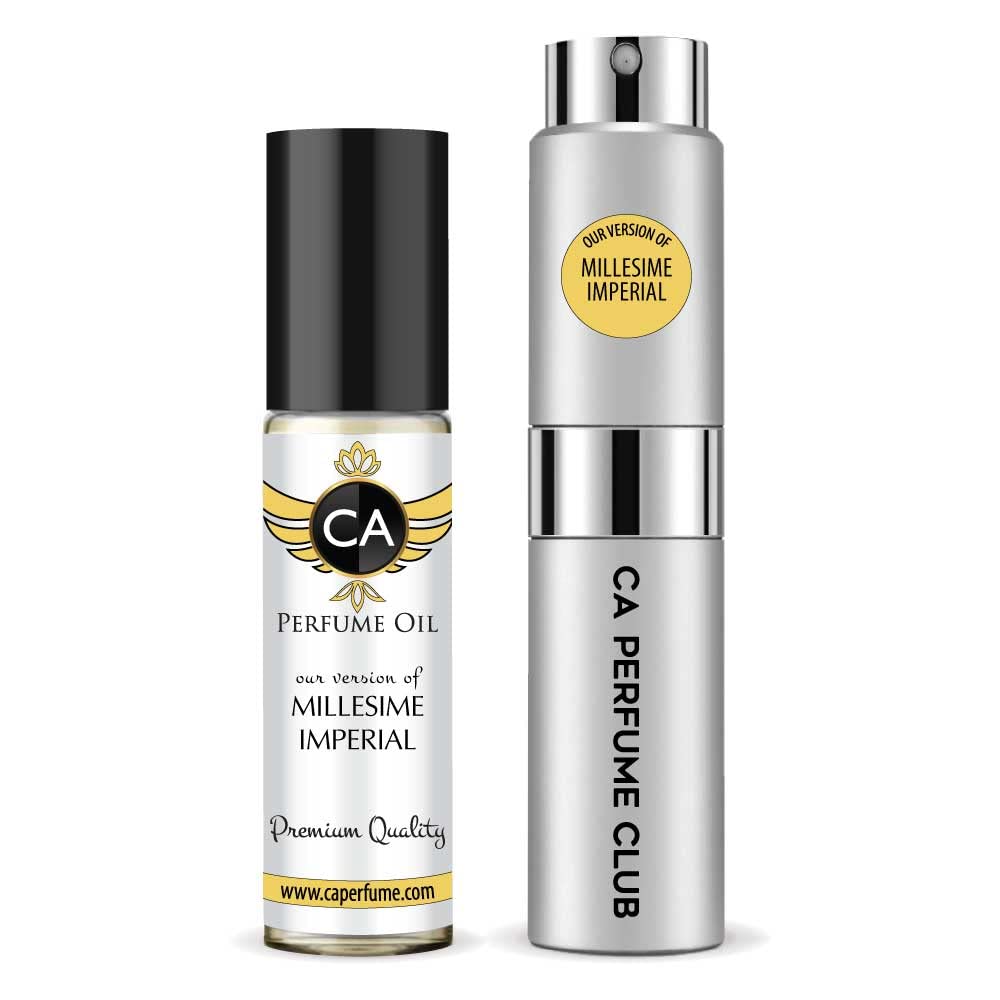 CA Perfume Duo Impression of Millesime Imperial For Women & Men Eau de Parfum Refillable Atomizer Sprayer + Fragrance Body Oil Long Lasting Sample Travel Size Roll-On Bottle 0.27 Fl Oz+0.33 Fl Oz