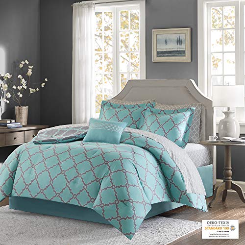 Madison Park Essentials Merritt King Size Bed Comforter Set Bed In A Bag - Aqua Grey, Geometric – 9 Pieces Bedding Sets – Ultra Soft Microfiber Bedroom Comforters #TOP2