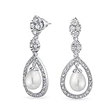 Bridal Cubic Zirconia Pave Halo CZ Teardrop White Simulated Pearl Dangle Earrings For Women For Prom Silver Plated Brass