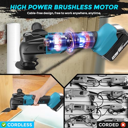 Akku Multifunktionswerkzeug, Bürstenloses Multimaster, kompatibel mit Makita 18V Akku, 8500-21000RPM, 6 Geschwindigkeiten, 21 Zubehör und Zusatzgriffe, zum Sägen, Schneiden, Schleifen (ohne Akku) – Bild 6