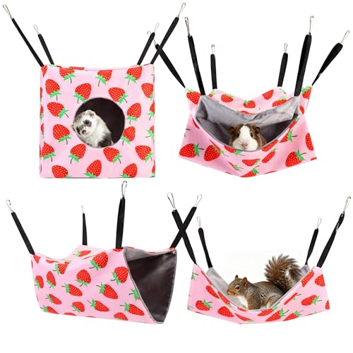 Filhome 4 Pack Guinea Pig Hammock, Ferret Rat Hammock Set for Cage Washable Rat Hideout Bed Soft Small Animal hammocks Ferret Cage Accessories for Hedgehog, Sugar Glider, Squirrel, Hamster (Pink)