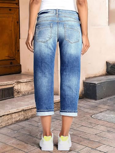 Flamingals Straight Leg Capris for Women Mid Rise Casual Roll Hem Denim Capris3