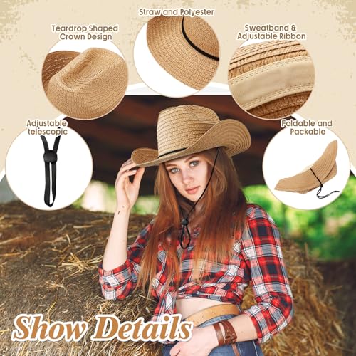 Image of Coume 36 Set Straw Cowboy Hats with Bandana Include 36 Cowboy Party Hats 36 Western Scarf in 4 Color for Cosplay Accessories