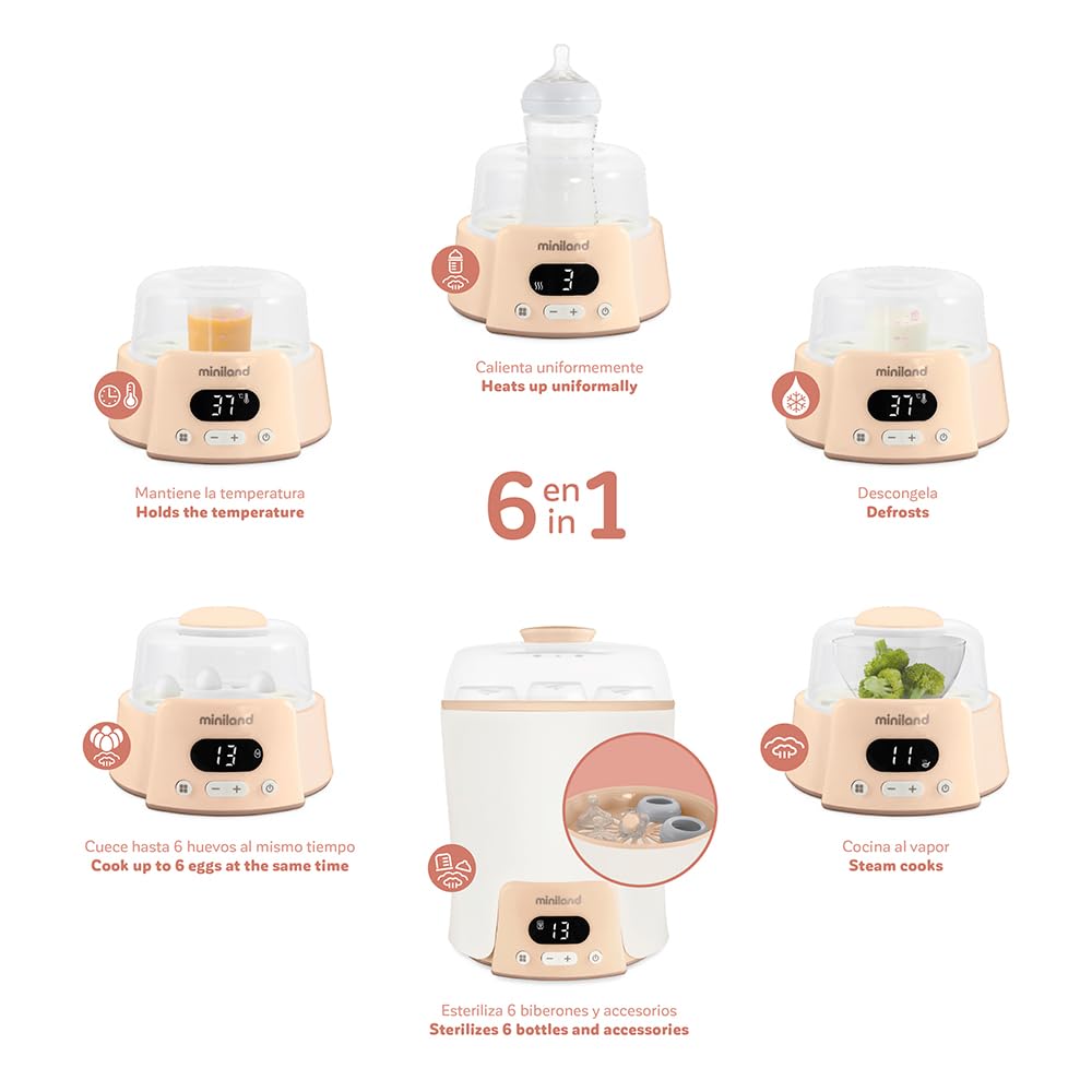 Miniland - Super 6, Calienta Hasta 6 Biberones, Esteriliza Biberones y Potitos, Cocina al Vapor, Descongela, Cuece, Mantiene la Temperatura, 6 En 1 (Beige)