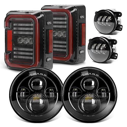 Image of LX-LIGHT Compatible with 2007-2018 Jeep Wrangler JK JKU, 7'' Round Headlights + 4'' Fog Lights + C Shape Tail Lights