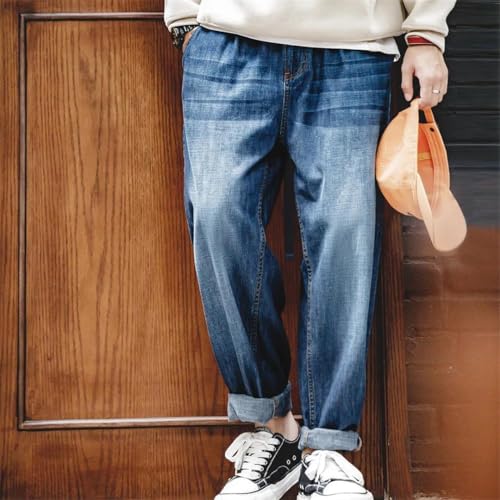 Men Loose Casual Jeans Washed Denim Mid Rise Stretchless Wide Leg Straight Pants3