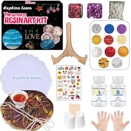 Image of Exploralearn Ultimate Max Resin Art Kit 8 inch Decorative Tray /Thali with 200 gm Epoxy Resin and Silicone Moulds - Comprehensive Resin Art Materials - Mica, Glitters, Flakes and Dried Flowers.