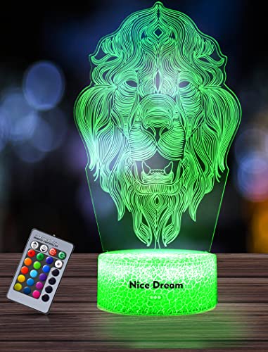 Nice Dream Lion Night Light for Kids, 3D Illusion Night Lamp, 16 Colors Changing with Remote Control, Room Decor, Gifts for Children Boys Girls