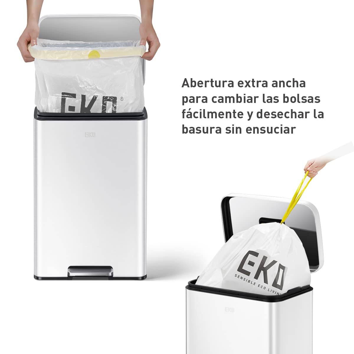 EKO Madison Cubo de Basura para Cocina 50 L con Pedal Blanco Mate | Cubo EKO Madison de 50 L en color blanco, con pedal, cierre suave, función stay-open y anillo estabilizador de bolsas.