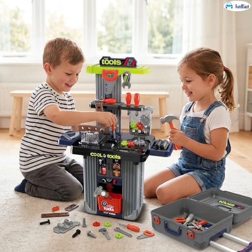 Image of FunBlast Kids 2 in 1 Tool Kit Suitcase with Workbench - Pretend Play Tool Set for Boys, Portable Engineer Toy with Tools, DIY Construction Playset Gift for Kids 3-8 Years (Big-42 Pcs)